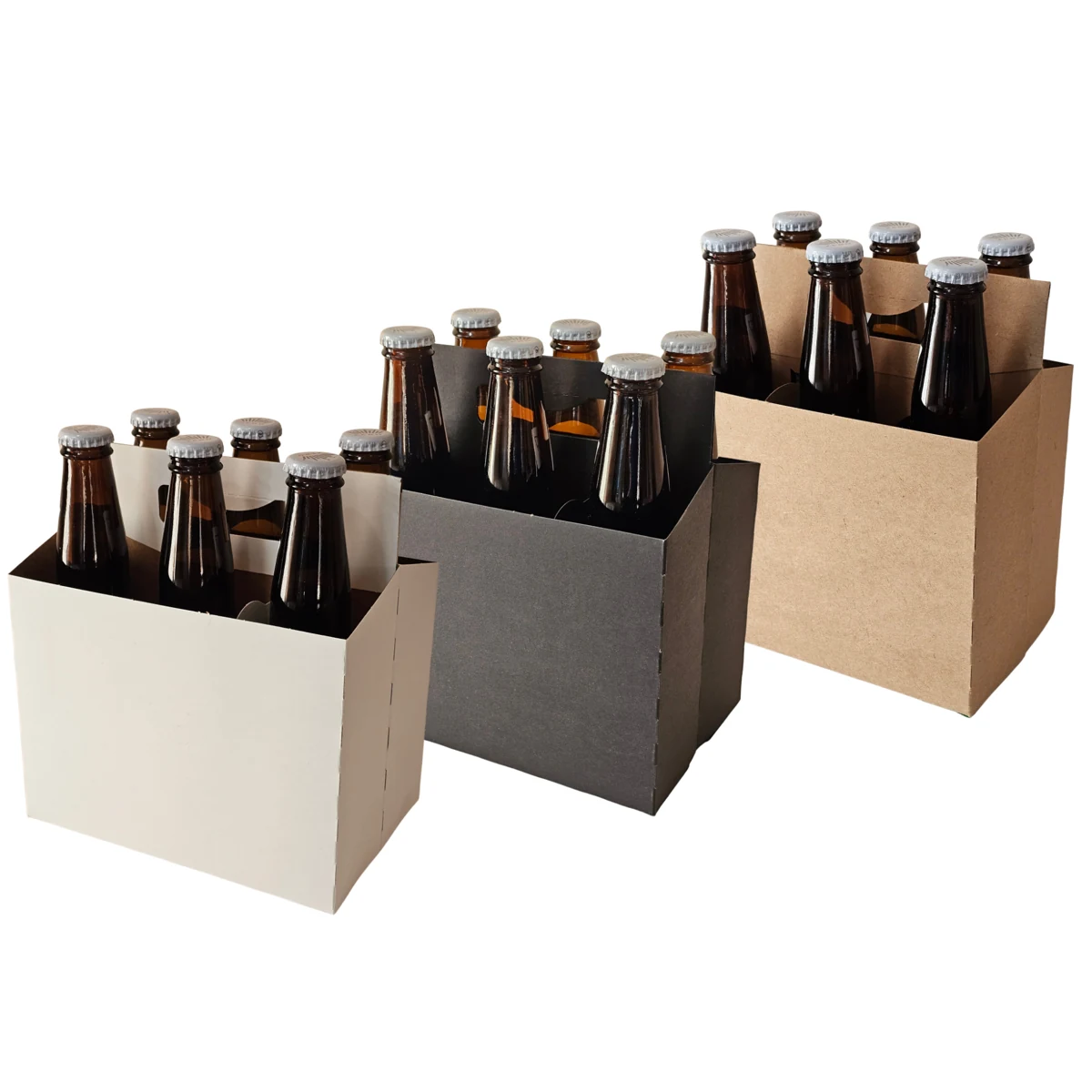 Plain cardboard bottle carriers in white, kraft brown, and black
